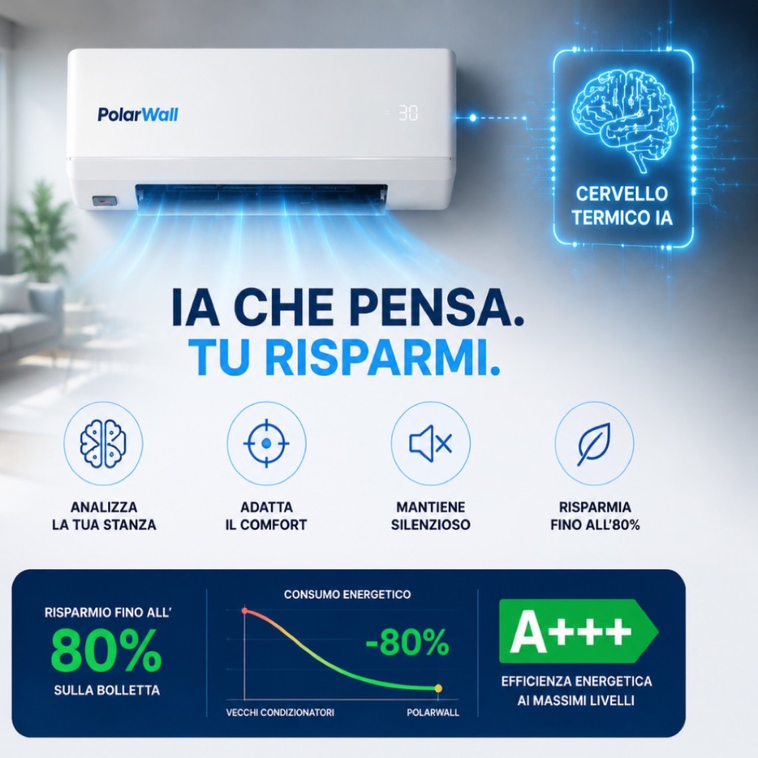 PolarWall — Cervello Termico IA: analizza la stanza, mantiene silenzioso, adatta il comfort, risparmia fino all'80%